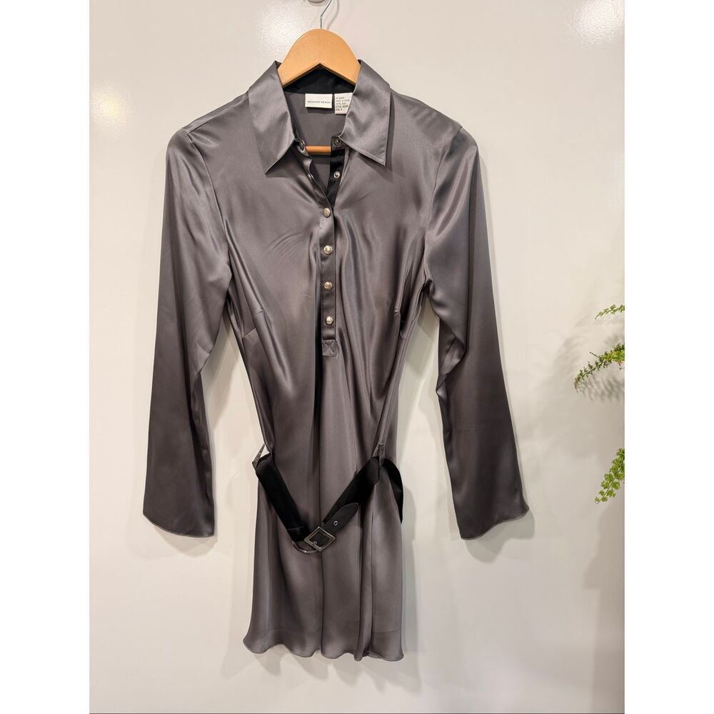 Newport News 100% Silk Gray Belted Shirt Dress Sz 6